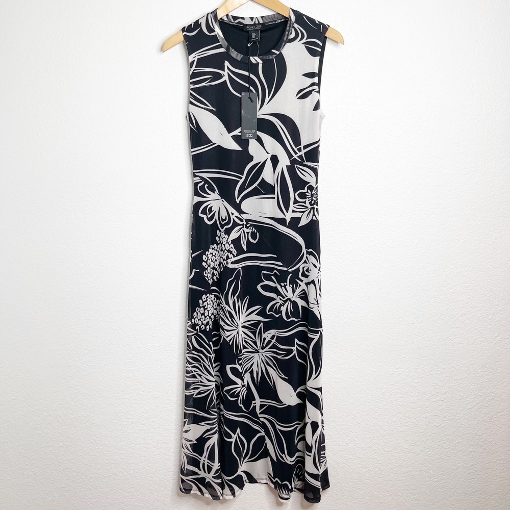Rachel Zoe Black White Floral Mesh Sleeveless Midi Dress Small NWT